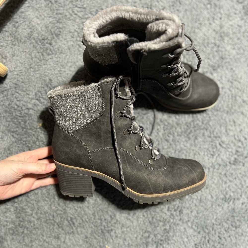 BareTraps Black Lace Up Boots with Gray Accents